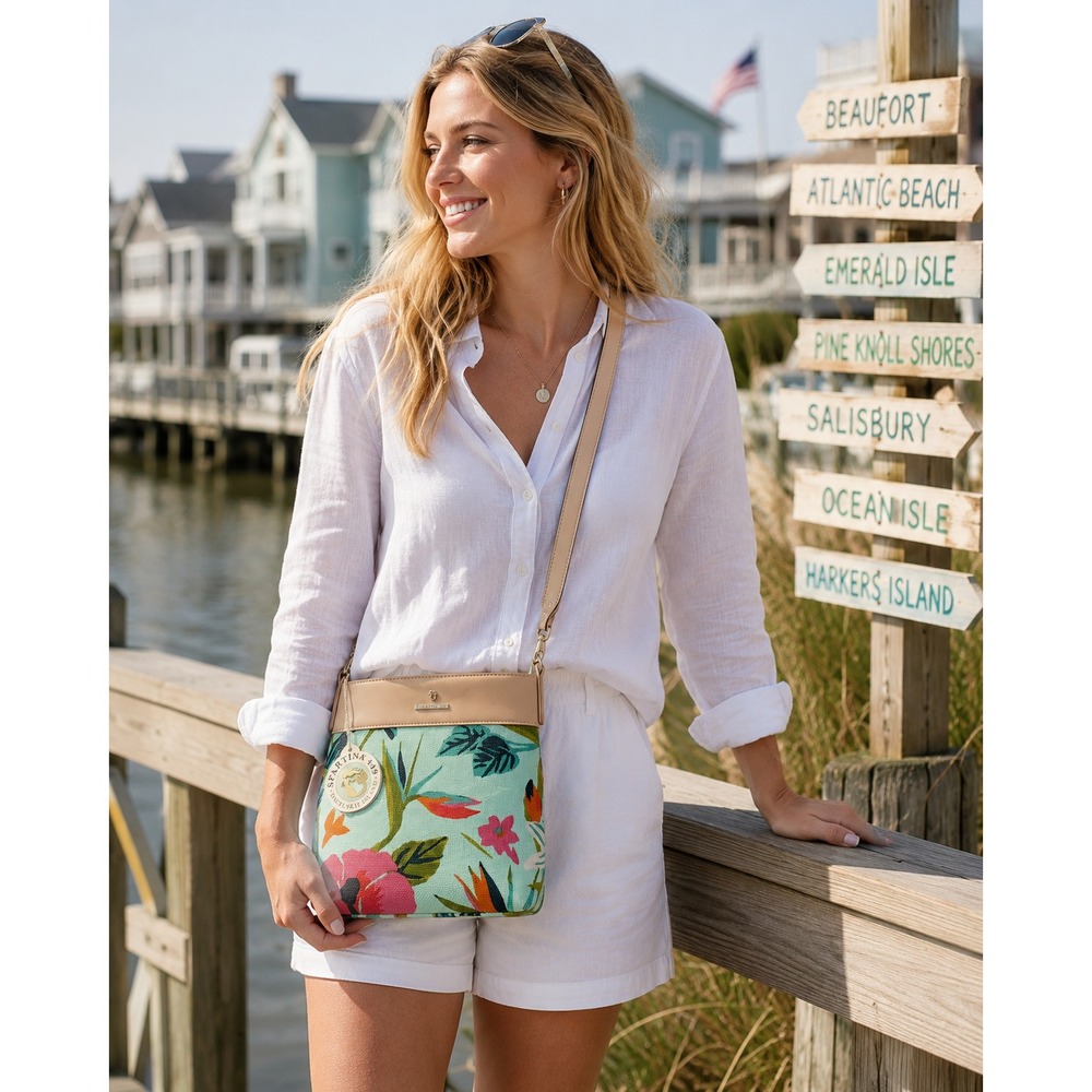 Spartina 449 Crossbody Bag 9" Aqua Tropical Floral Tan Adjustable Strap New - Picture 3 of 9